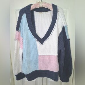 POL Color-Block V-Neck Long Sleeve Cable Knit Sweater Women’s Size Medium NWOT